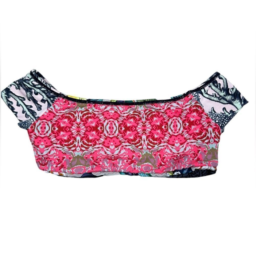 Maaji Swimwear Pink & Grey Tropical Print Reversible Off Shoulder Bikini Top - Picture 2 of 6